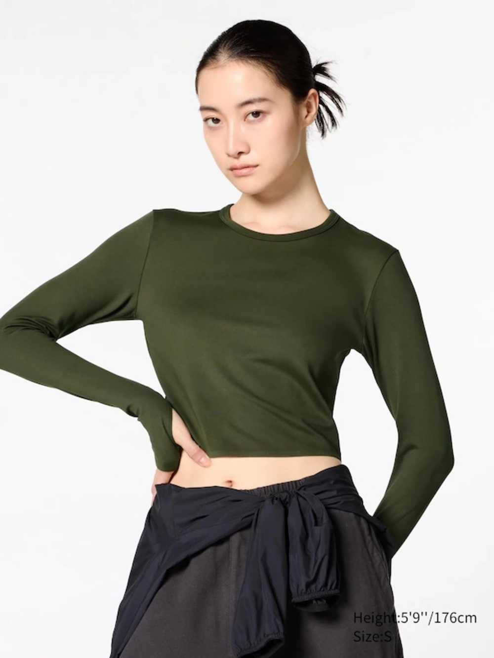 Uniqlo Slim Fit Long Sleeve Crop Top - Olive Green